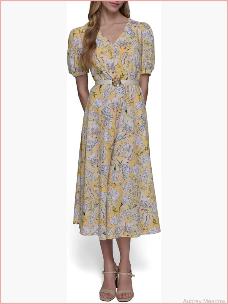 V Neck Puff Sleeve Midi Dress Sheath Professional